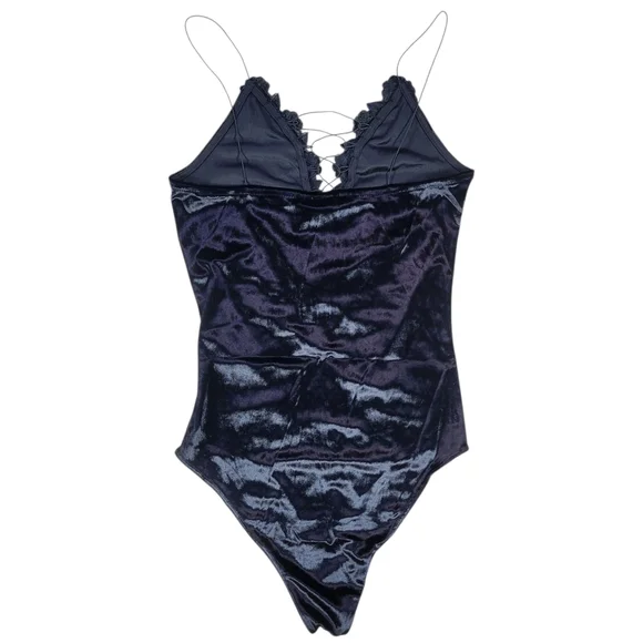 Topshop Lace Up Velvet Bodysuit Womens 4 Black Fairy Goth Floral Applique Dark - Picture 2 of 11